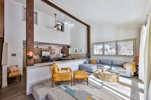 Cozy living room with gas fireplace and smart tv