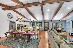 Massive great room with huge beams and lots of space to entertain large groups