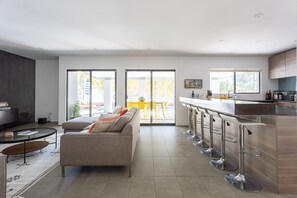 Kitchen and Living room.