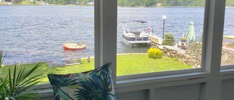 Screened-in porch overlooking lake