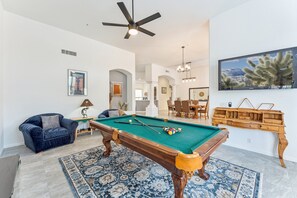 Hang out with the crew in the pool room. Streaming only TV to watch sports!