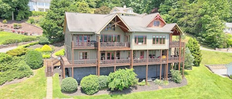 Aerial view of the rear of the house and all the decks to choose from!