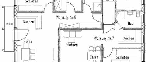 Ferienwohnung Nr. 7, 38 qm Dachgeschoss, 1 separates Schlafzimmer-Grundriss