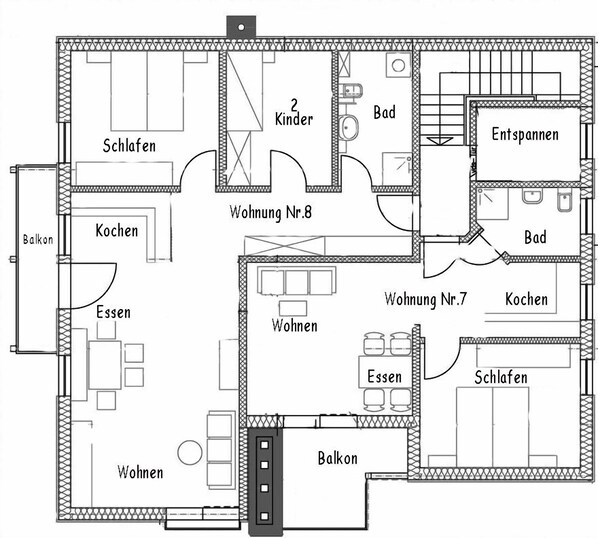 Ferienwohnung Nr. 8, 70 qm Dachgeschoss, 2 separate Schlafzimmer-Grundriss