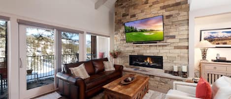 Living Room with Large Deck and Fireplace