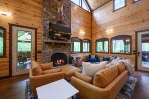 Tons of seating around the gas fireplace. 