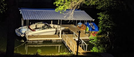 private dock lit up at night