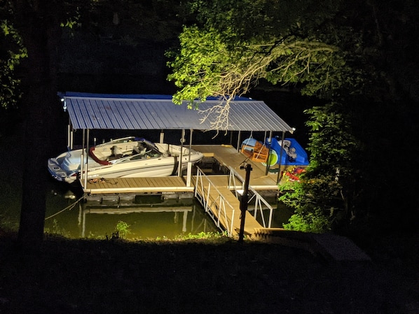 private dock lit up at night