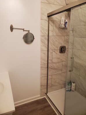 Shower with dual shower heads!  Bathroom renovated this year.