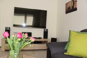 XXL-Fernseher mit 60 Zoll. Sky komplett. PS 3 mit 3D-Filmen und Brillen. Spiele natürlich ebenso. Plus Heimkinoanlage.