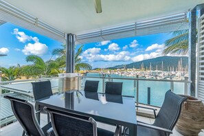 Balcony with marina views