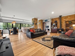 Living room, Dining area and Fireplace
