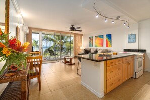 Air conditioned living room and kitchen, with a view