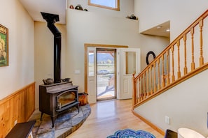 Entry way, with enormous wood burning stove.