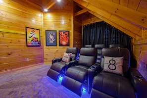 Our theater has 6 leather recliners and offers stadium seating.