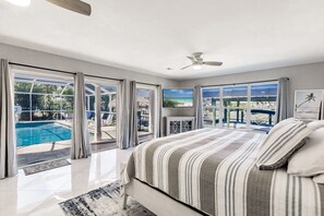 The master bedroom wing of the house  is very spacious and includes the private office, master bath with soaker tub and walk in shower, walk in closet and large bedroom with king bed and panoramic views of the water and the pool area.  