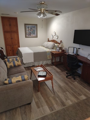 Downstairs bedroom with queen bed, desk, TV/DVD, couch