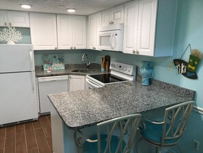 Fully stocked, clean, organized kitchen. 