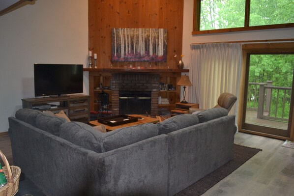 Living room looking out slider. Privacy in summer and a mountain view in winter.