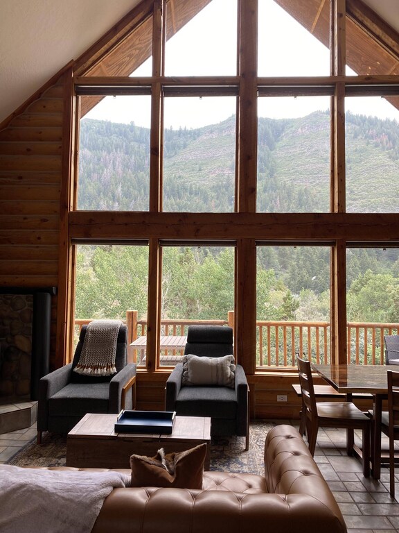 Beautiful views out the bay windows on side of cabin
