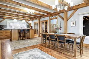 The dining table comfortably seats eight.