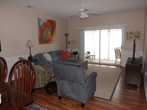 living room to patio, recliner