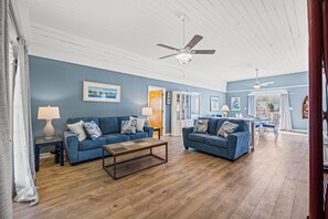 The waterfront living room is fabulous for movie night with the family.