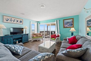 This oceanfront living room is the perfect space for entertaining.