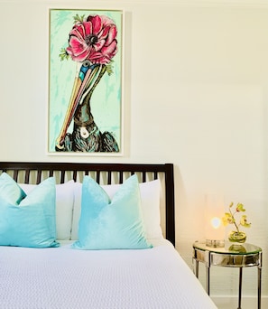 Crisp & Clean Queen Bedroom featuring original local artwork by 'Art By Christy'