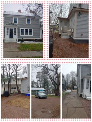 top left, front view. photo on top right is back of house showing entry to apt. 