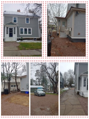 top left, front view. photo on top right is back of house showing entry to apt.