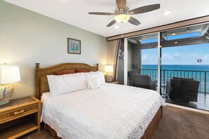 The primary bedroom boasts a truly breathtaking view of the ocean, the sleep inducing wave sounds and a private lanai walk-out.