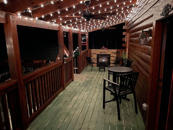 Back deck at night, outdoor flame, super relaxing on those hot summer nights! 