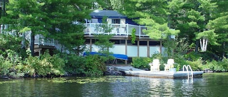 blue cottage view from lake