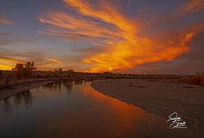 Beautiful sunset on the Wind River just a short walk from the cabins.