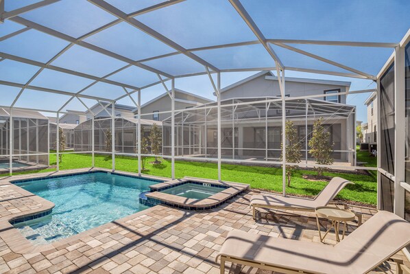 Dive into relaxation with a sparkling private pool and spa, screened for comfort and privacy - Sun loungers and a patio make this the perfect spot for sunbathing or evening dips - Enjoy resort-style leisure right at home, surrounded by greenery