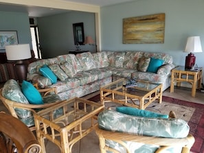 Plenty of comfortable seating and a queen size pullout couch in the living area.