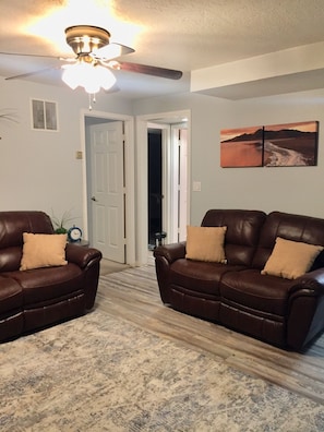 Couch and love seat recline back for your comfort.