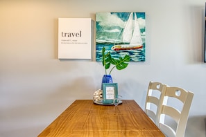 Tasteful beachy decor throughout.