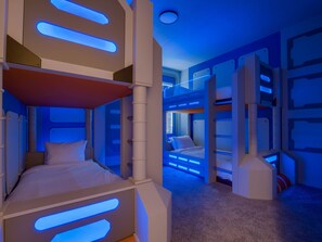 Star Wars themed bedroom with dual Twin over Twin bunk beds