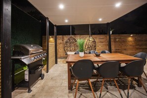 Dining table and a grill.