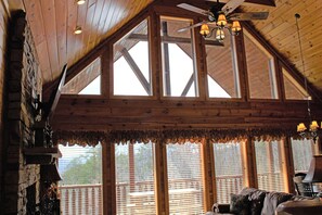 Looking out the wall of windows at the end of the cabin