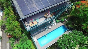 Aerial view of back deck and pool area. 