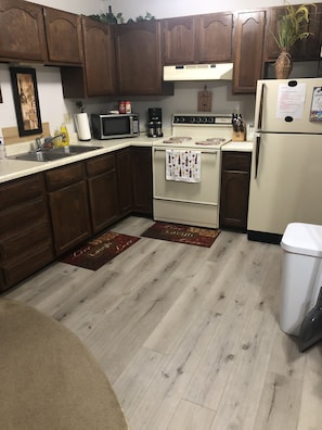 Fully stocked kitchen.
