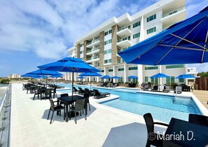 Our building at Sunset Caribe and the 130' long pool!