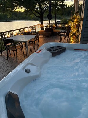 Deck lights up at night.