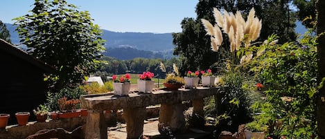 View over fish pond to Portuguese hills and estuary