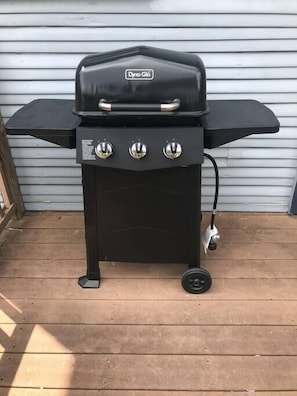 Grill along with grilling utensils and cleaner (propane not provided) available for your use