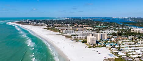 Drone shot of Siesta Key beach, our house is right down the street from this