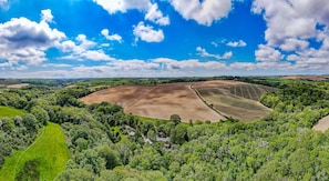 An aerial view of the hidden and idyllic "Tresillian Lodge"